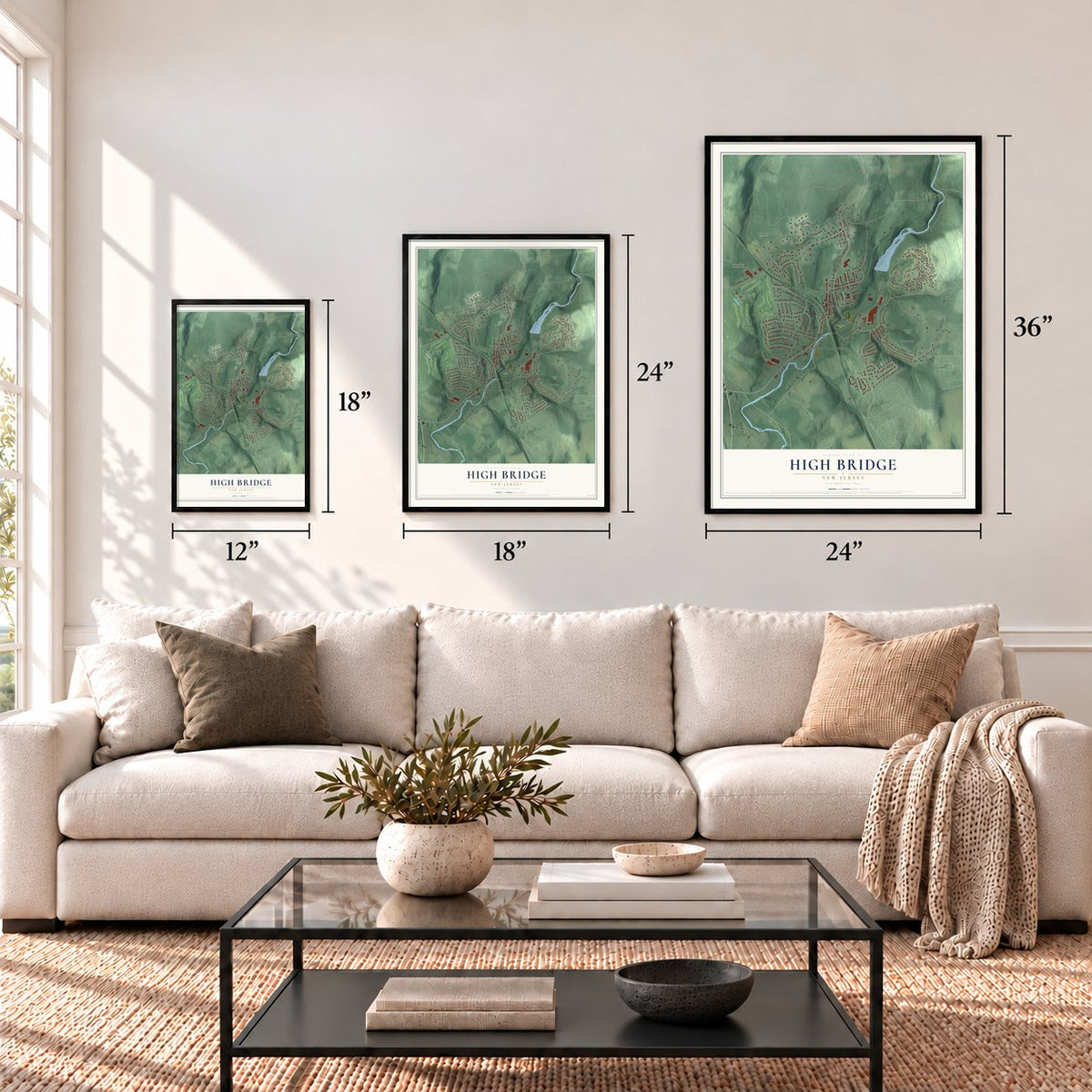 High Bridge, New Jersey map in 12 x 18, 18 x 24 and 24 x 36 inch sizes above a sofa
