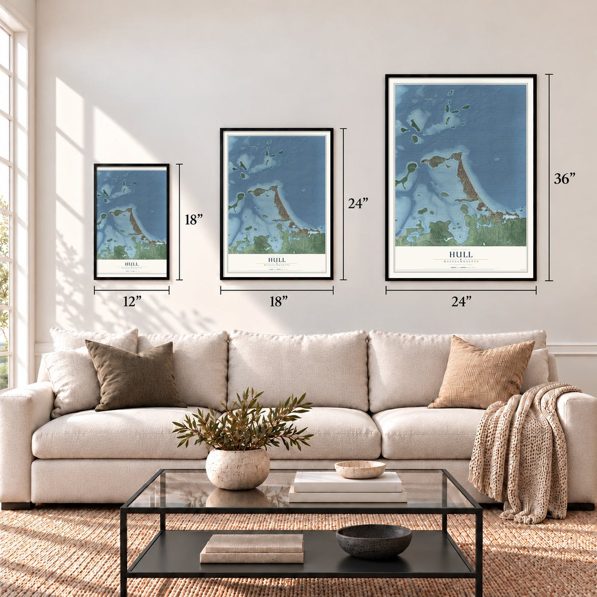 Hull, Massachusetts map in 12 x 18, 18 x 24 and 24 x 36 inch sizes above a sofa