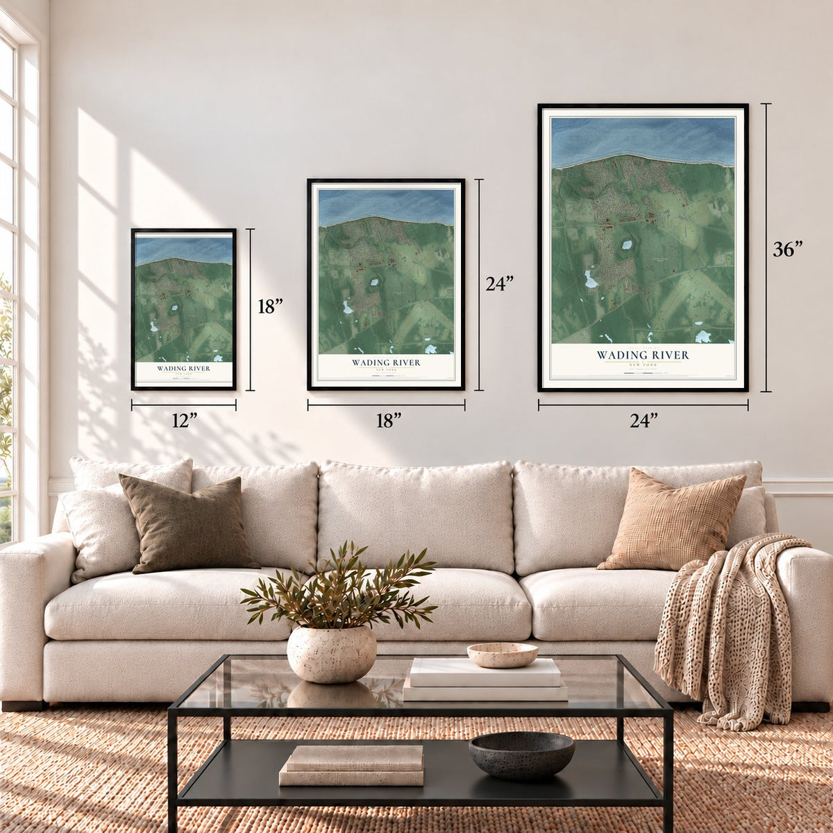Wading River, New York map in 12 x 18, 18 x 24 and 24 x 36 inch sizes above a sofa