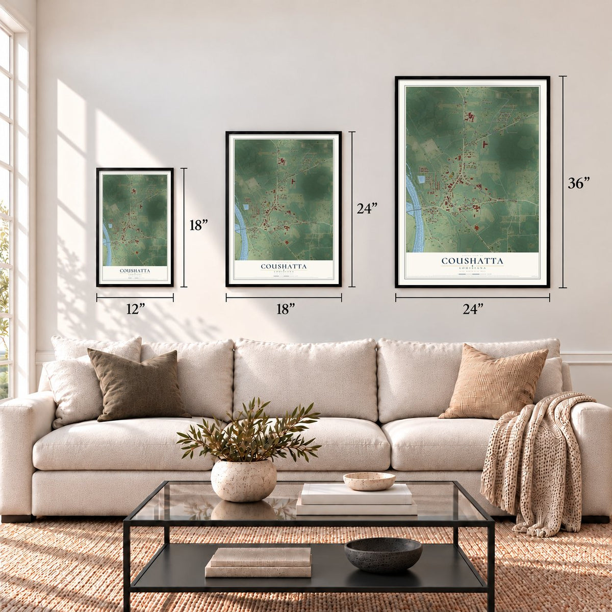 Coushatta, Louisiana map in 12 x 18, 18 x 24 and 24 x 36 inch sizes above a sofa