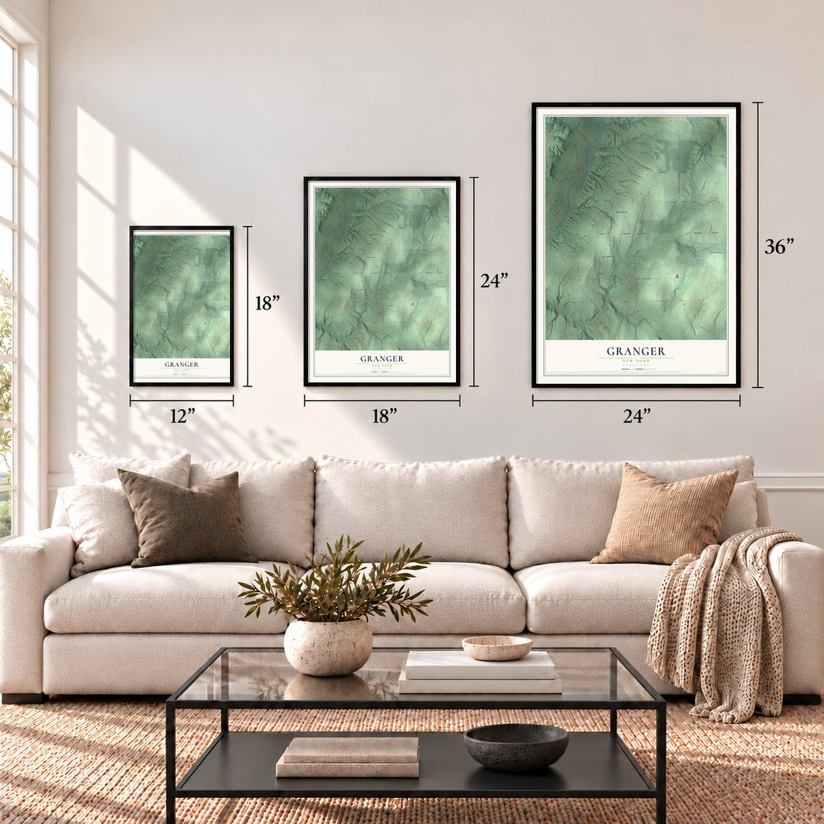 Granger, New York map in 12 x 18, 18 x 24 and 24 x 36 inch sizes above a sofa