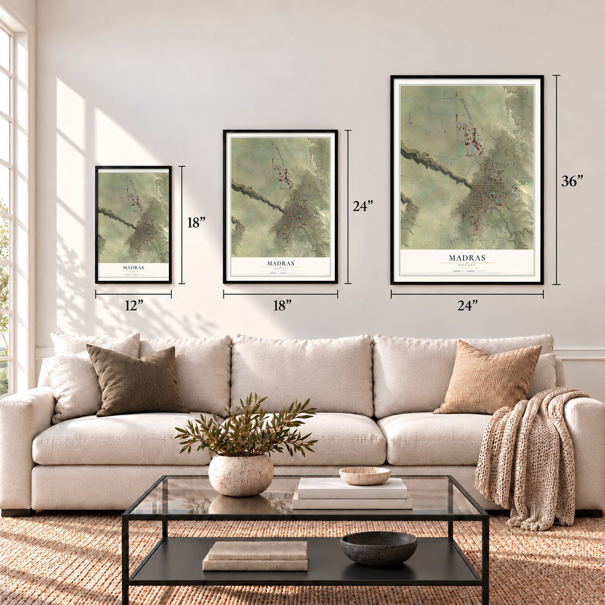 Madras, Oregon map in 12 x 18, 18 x 24 and 24 x 36 inch sizes above a sofa