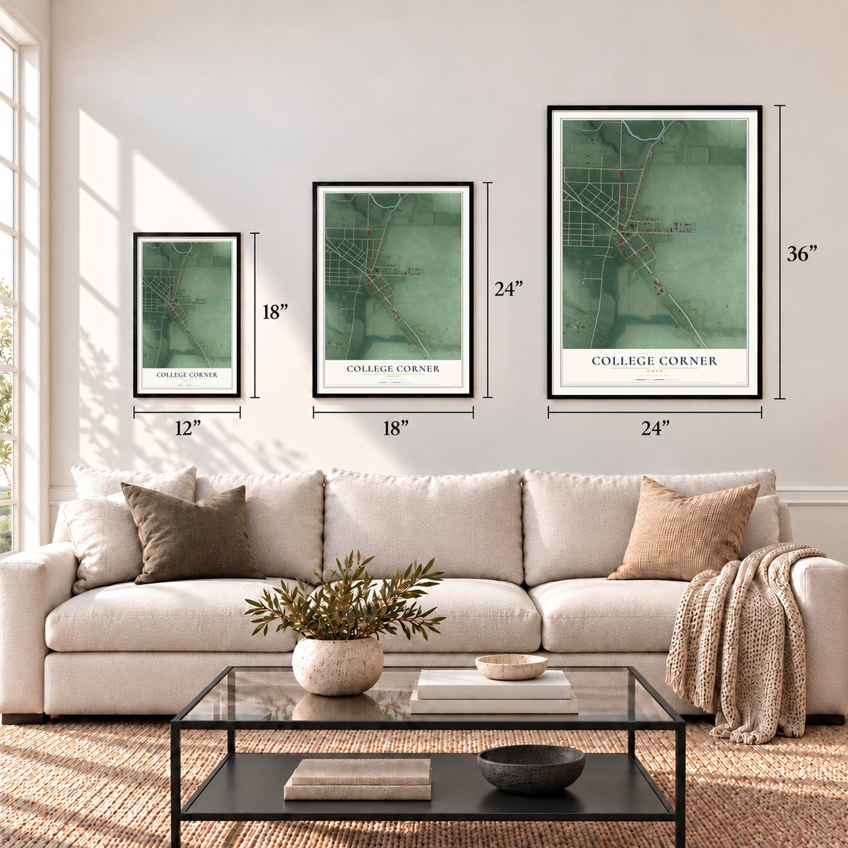College Corner, Ohio map in 12 x 18, 18 x 24 and 24 x 36 inch sizes above a sofa
