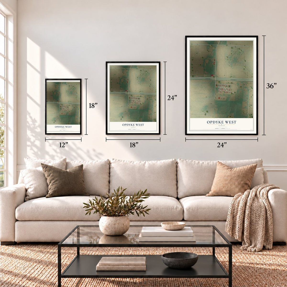 Opdyke West, Texas map in 12 x 18, 18 x 24 and 24 x 36 inch sizes above a sofa
