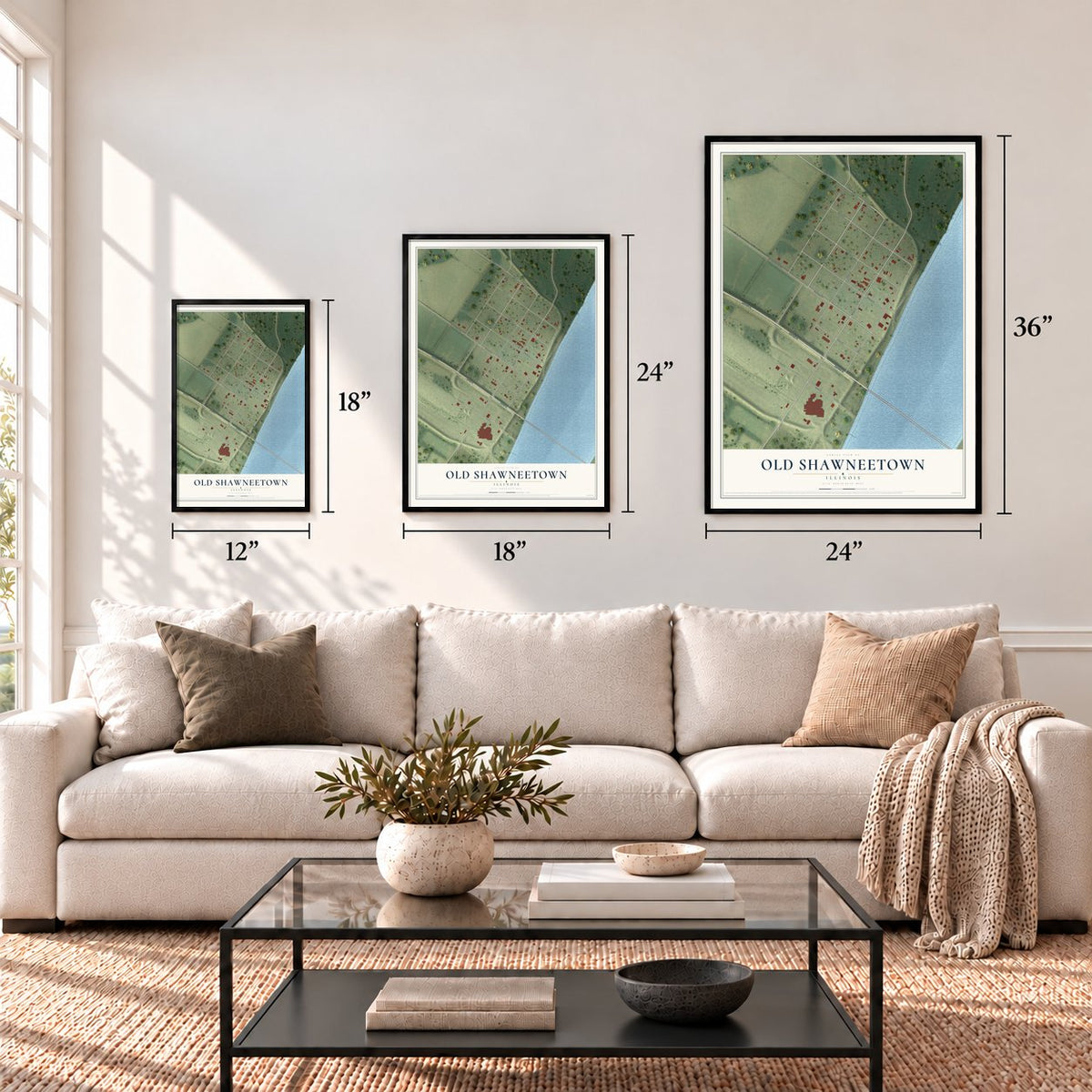 Old Shawneetown, Illinois map in 12 x 18, 18 x 24 and 24 x 36 inch sizes above a sofa