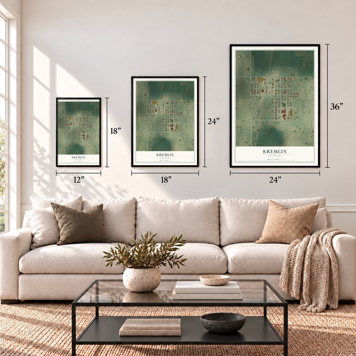 Kremlin, Oklahoma map in 12 x 18, 18 x 24 and 24 x 36 inch sizes above a sofa