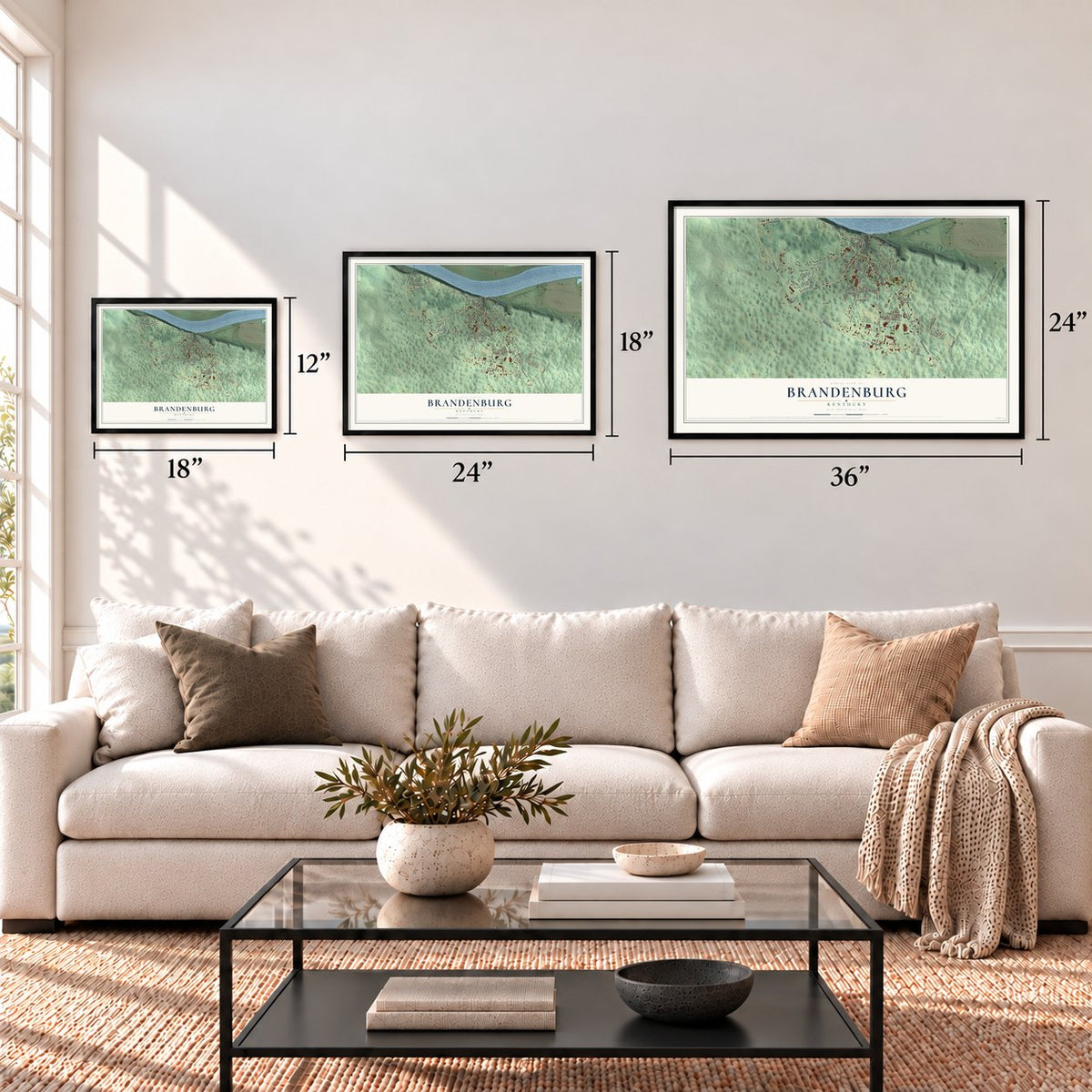 Brandenburg, Kentucky map in 12 x 18, 18 x 24 and 24 x 36 inch sizes above a sofa