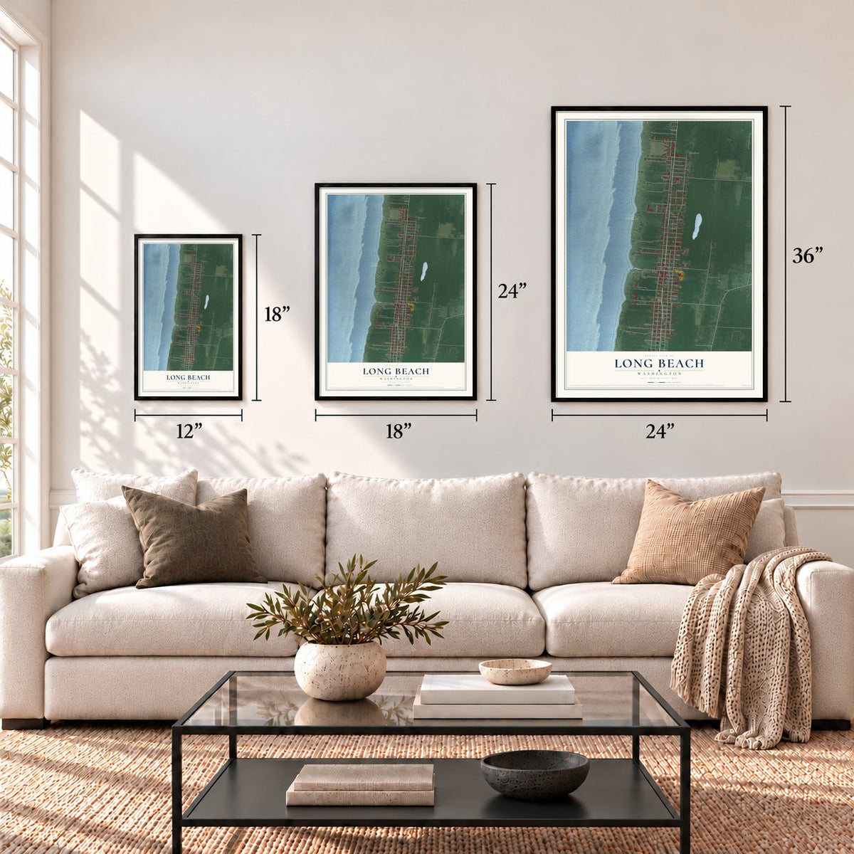 Long Beach, Washington map in 12 x 18, 18 x 24 and 24 x 36 inch sizes above a sofa