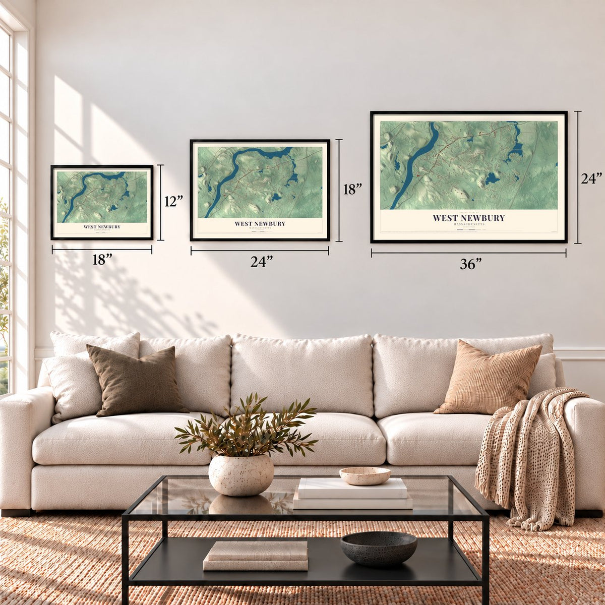 West Newbury, Massachusetts map in 12 x 18, 18 x 24 and 24 x 36 inch sizes above a sofa