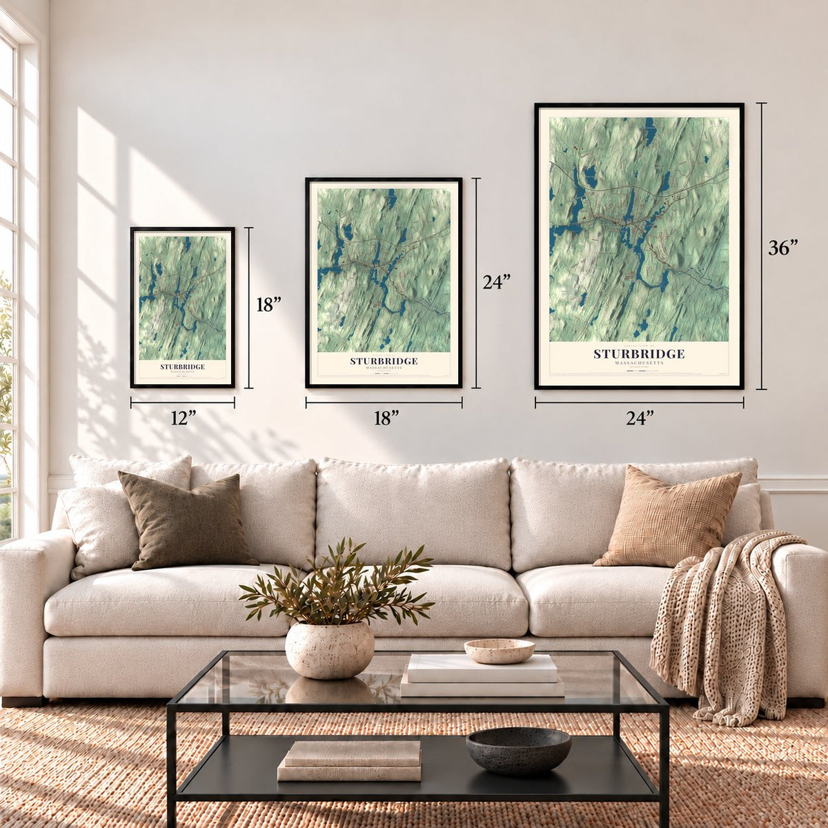 Sturbridge, Massachusetts map in 12 x 18, 18 x 24 and 24 x 36 inch sizes above a sofa