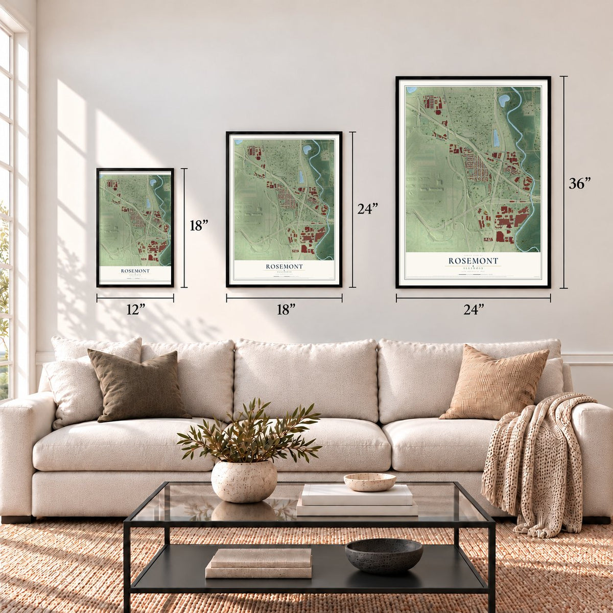 Rosemont, Illinois map in 12 x 18, 18 x 24 and 24 x 36 inch sizes above a sofa