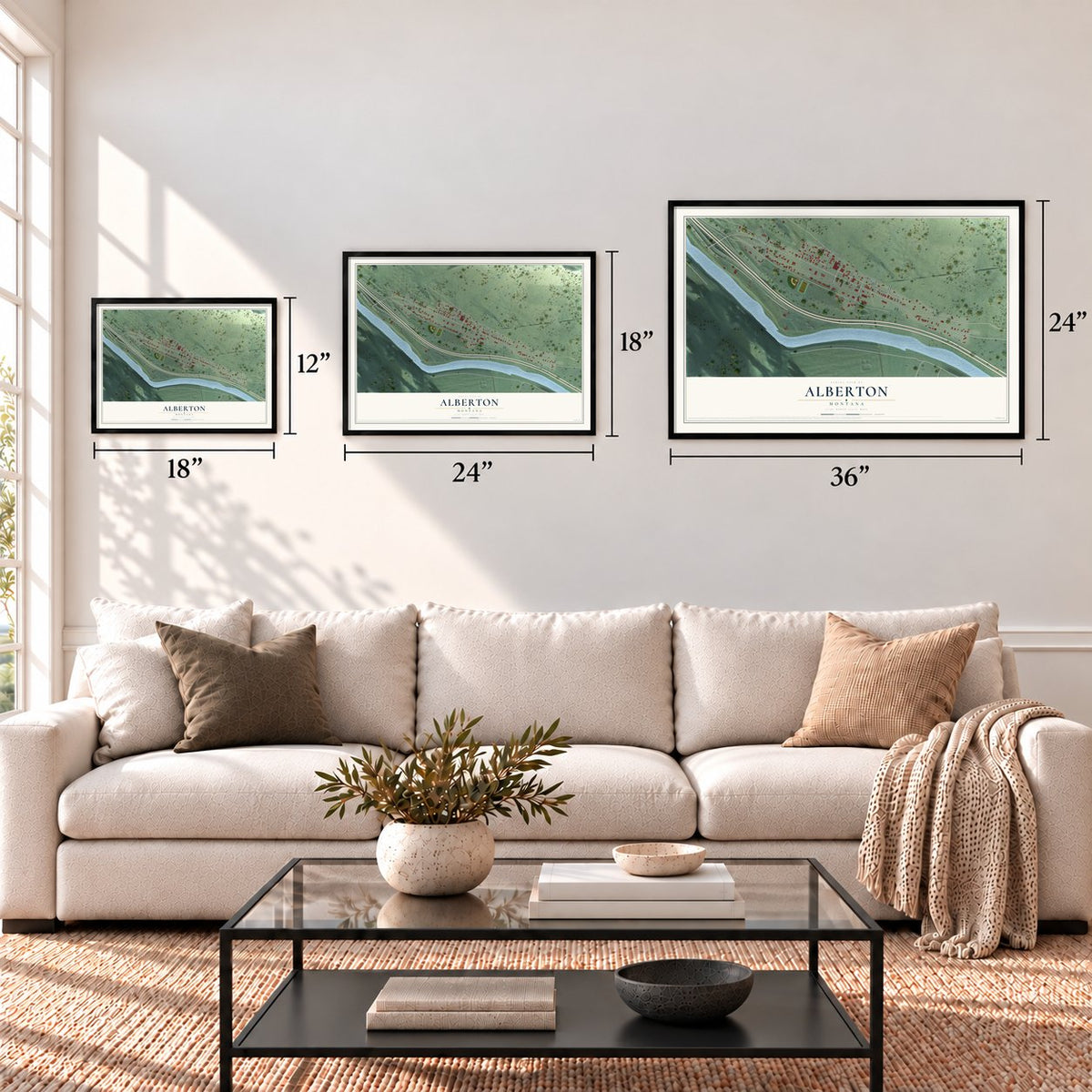 Alberton, Montana map in 12 x 18, 18 x 24 and 24 x 36 inch sizes above a sofa