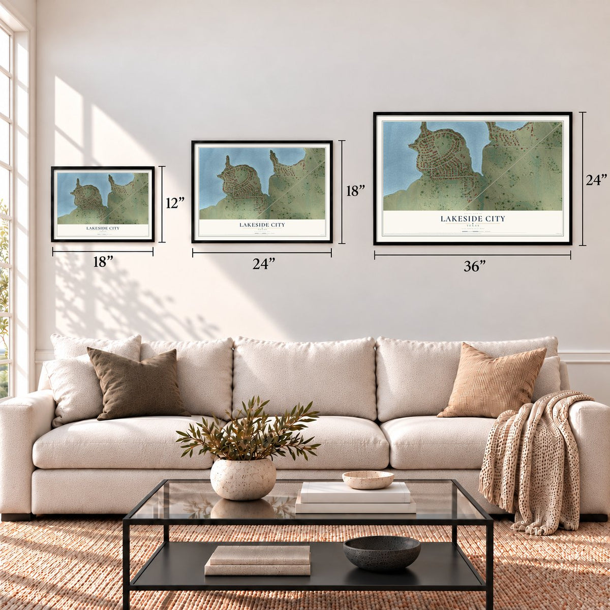 Lakeside City, Texas map in 12 x 18, 18 x 24 and 24 x 36 inch sizes above a sofa