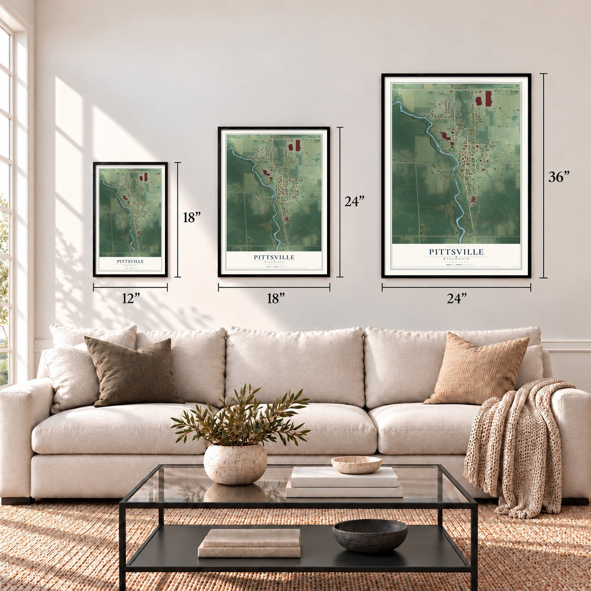 Pittsville, Wisconsin map in 12 x 18, 18 x 24 and 24 x 36 inch sizes above a sofa