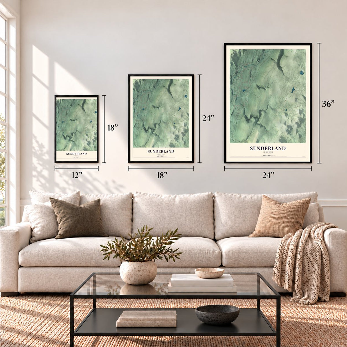 Sunderland, Vermont map in 12 x 18, 18 x 24 and 24 x 36 inch sizes above a sofa