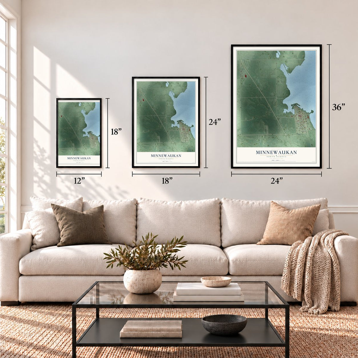 Minnewaukan, North Dakota map in 12 x 18, 18 x 24 and 24 x 36 inch sizes above a sofa