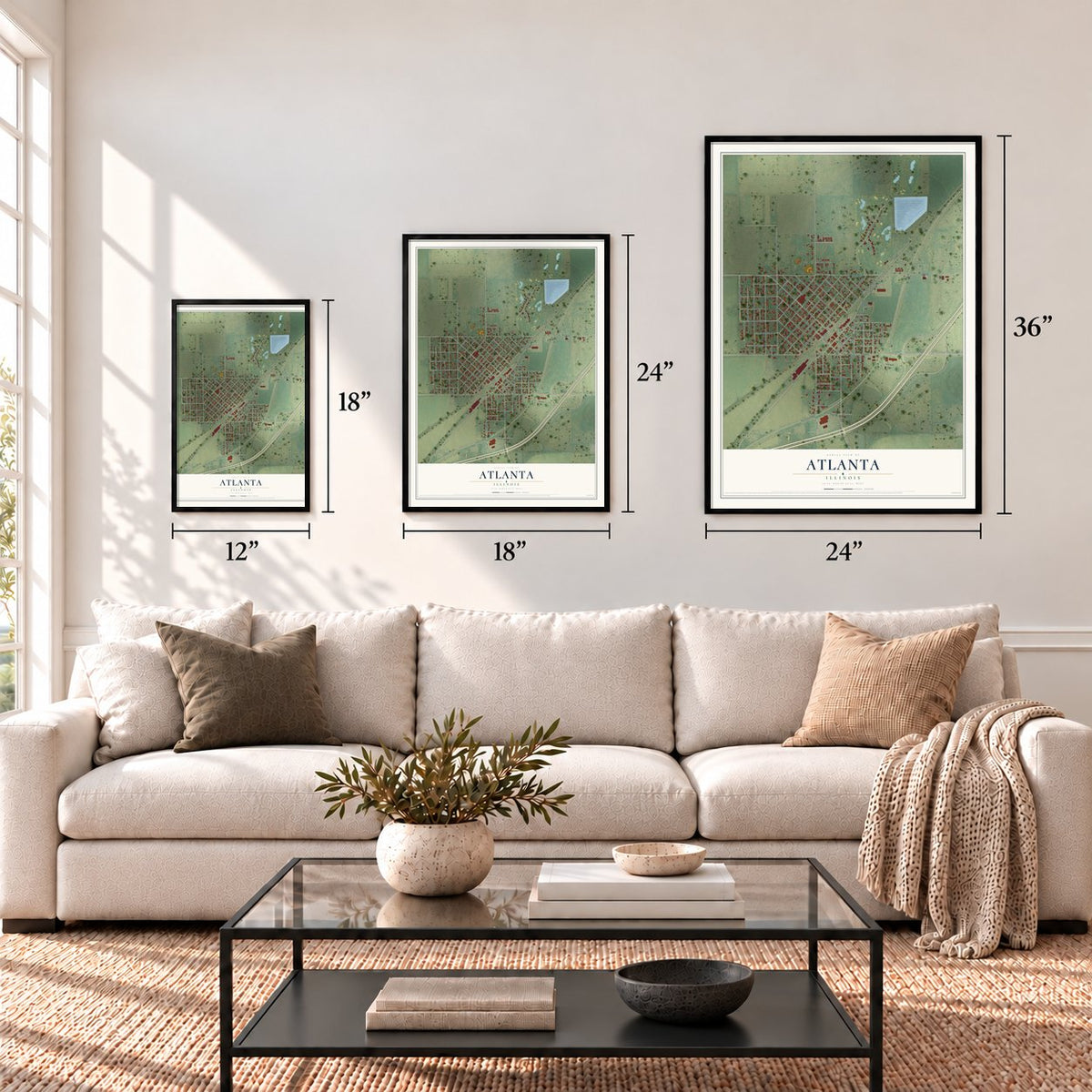 Atlanta, Illinois map in 12 x 18, 18 x 24 and 24 x 36 inch sizes above a sofa