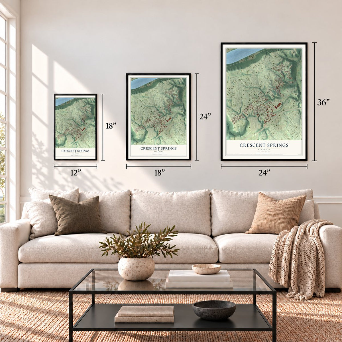 Crescent Springs, Kentucky map in 12 x 18, 18 x 24 and 24 x 36 inch sizes above a sofa