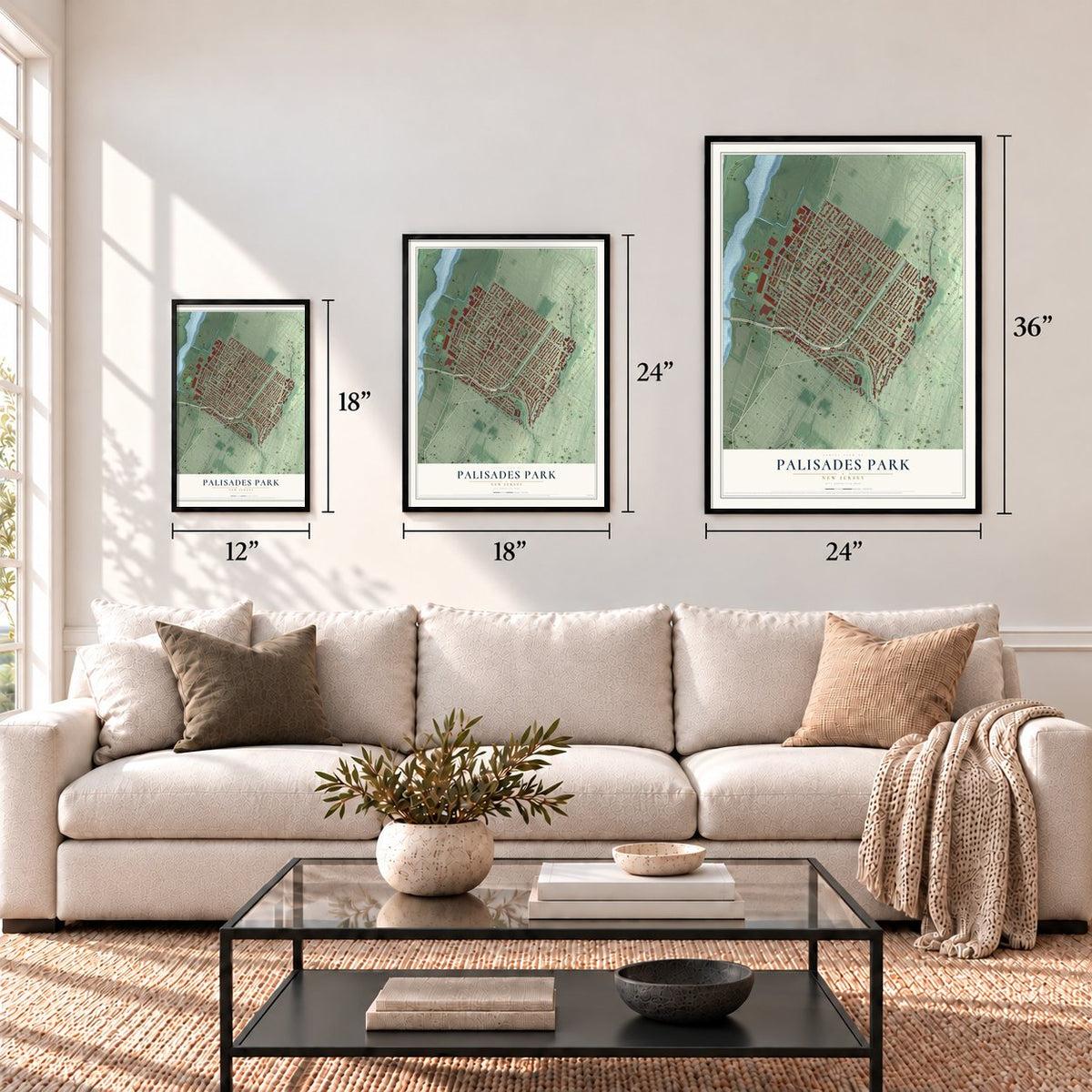 Palisades Park, New Jersey map in 12 x 18, 18 x 24 and 24 x 36 inch sizes above a sofa
