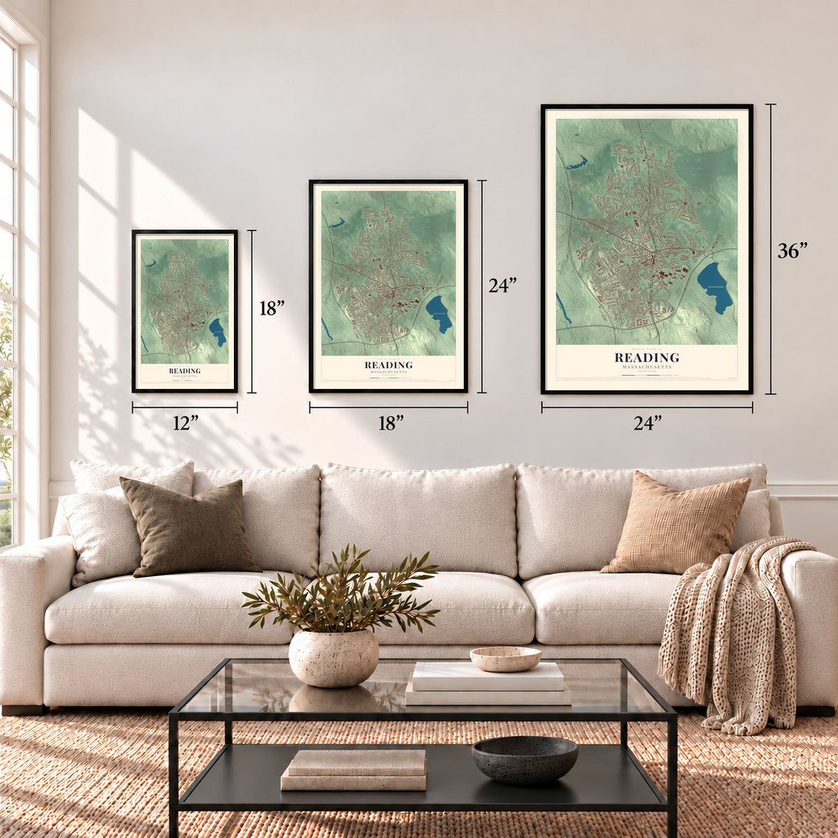 Reading, Massachusetts map in 12 x 18, 18 x 24 and 24 x 36 inch sizes above a sofa