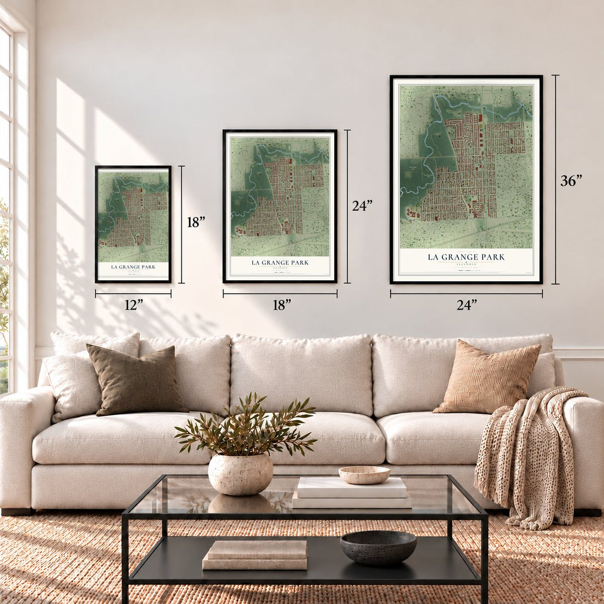 La Grange Park, Illinois map in 12 x 18, 18 x 24 and 24 x 36 inch sizes above a sofa