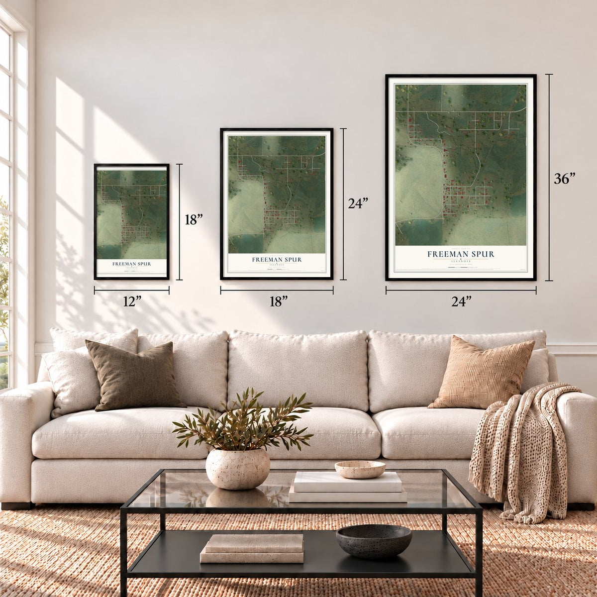 Freeman Spur, Illinois map in 12 x 18, 18 x 24 and 24 x 36 inch sizes above a sofa
