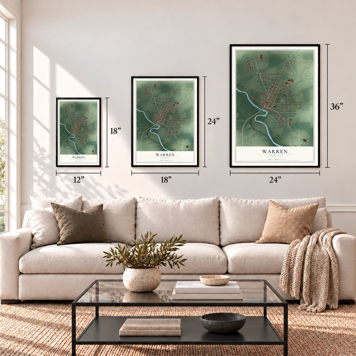 Warren, Indiana map in 12 x 18, 18 x 24 and 24 x 36 inch sizes above a sofa