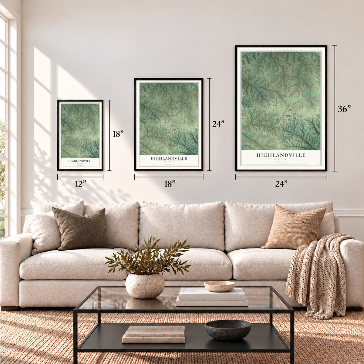 Highlandville, Missouri map in 12 x 18, 18 x 24 and 24 x 36 inch sizes above a sofa