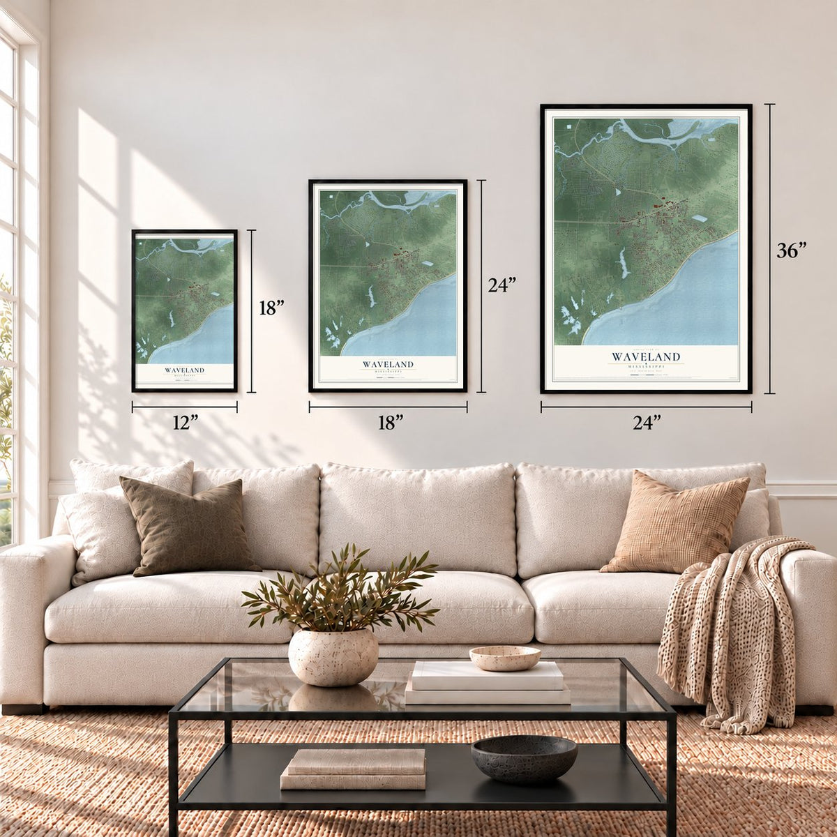 Waveland, Mississippi map in 12 x 18, 18 x 24 and 24 x 36 inch sizes above a sofa