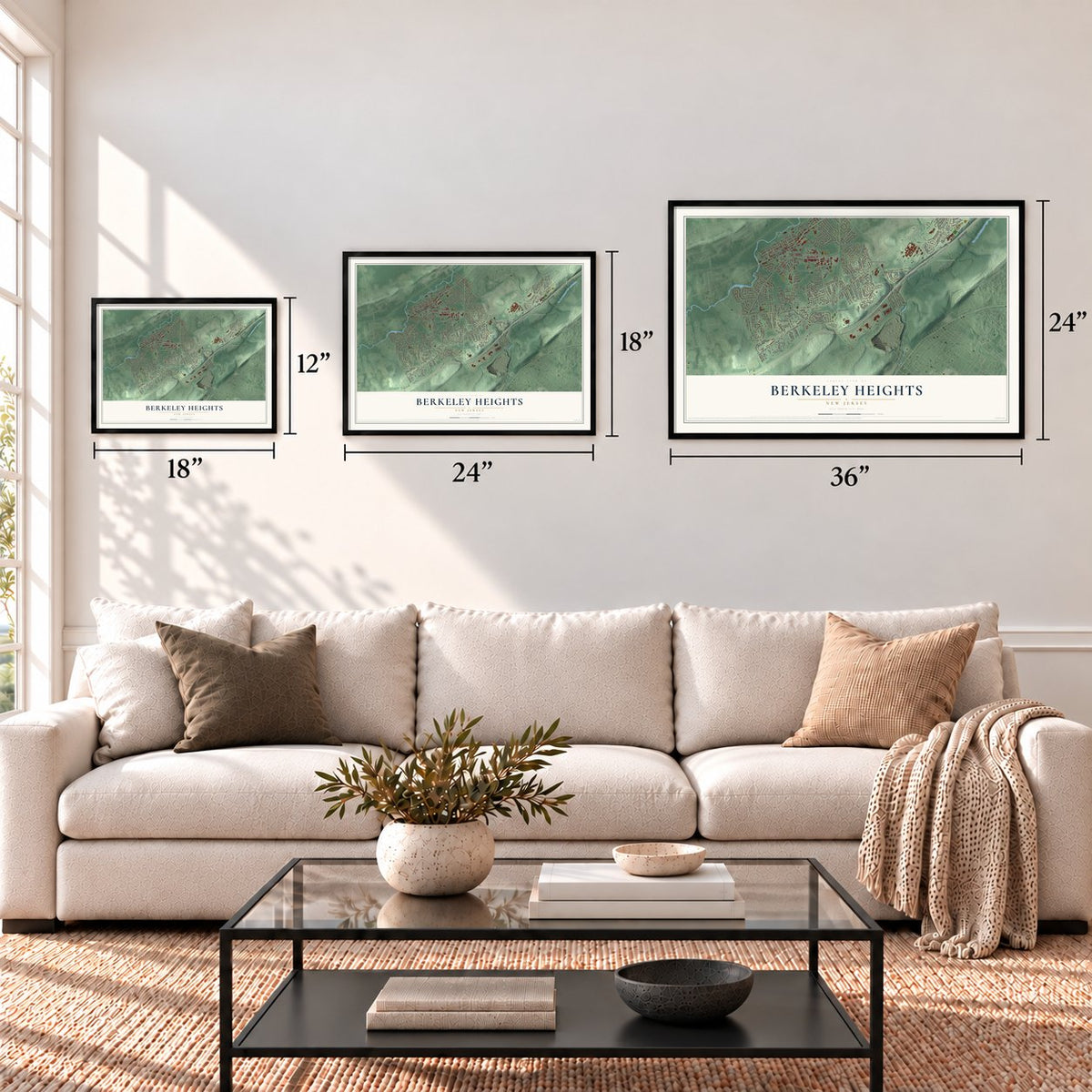 Berkeley Heights, New Jersey map in 12 x 18, 18 x 24 and 24 x 36 inch sizes above a sofa