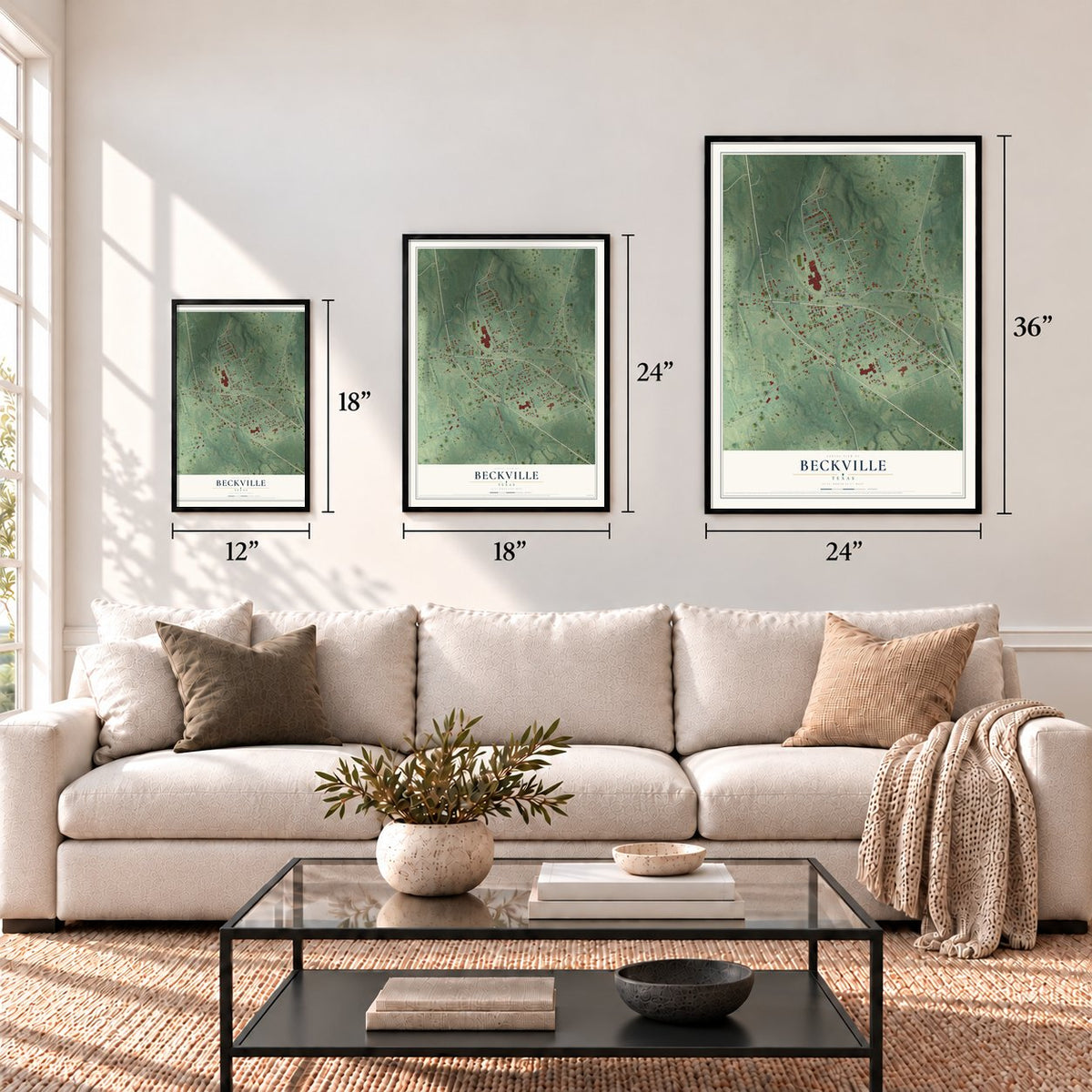 Beckville, Texas map in 12 x 18, 18 x 24 and 24 x 36 inch sizes above a sofa