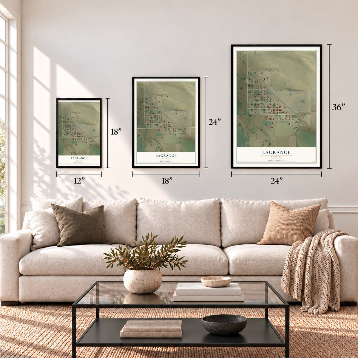 LaGrange, Wyoming map in 12 x 18, 18 x 24 and 24 x 36 inch sizes above a sofa