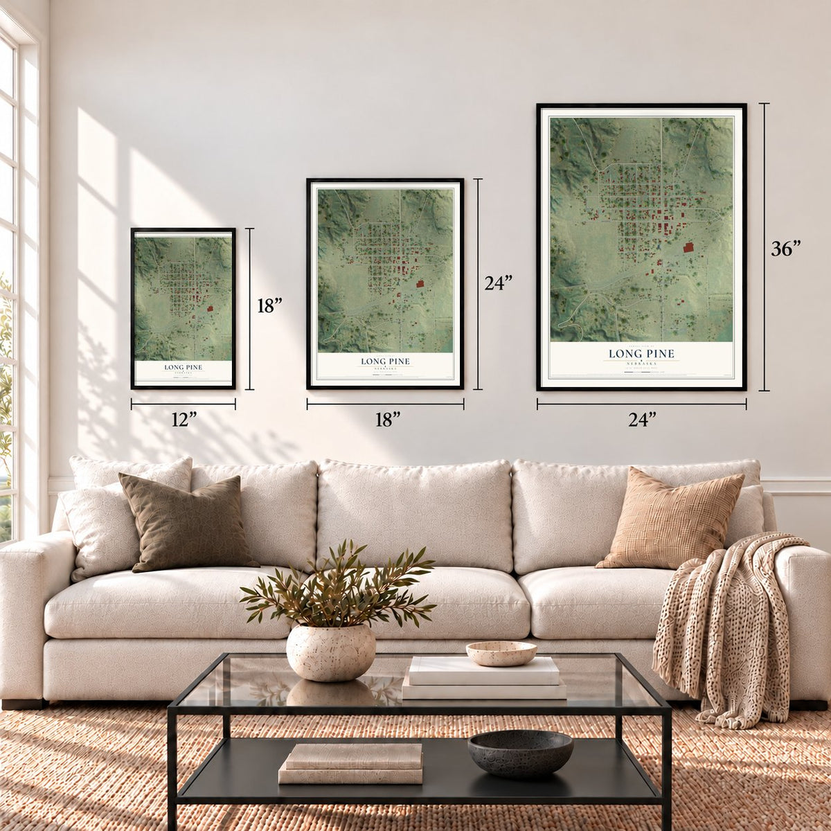 Long Pine, Nebraska map in 12 x 18, 18 x 24 and 24 x 36 inch sizes above a sofa