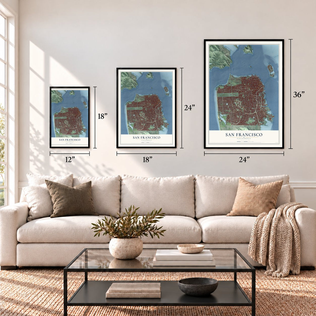 San Francisco, California map in 12 x 18, 18 x 24 and 24 x 36 inch sizes above a sofa