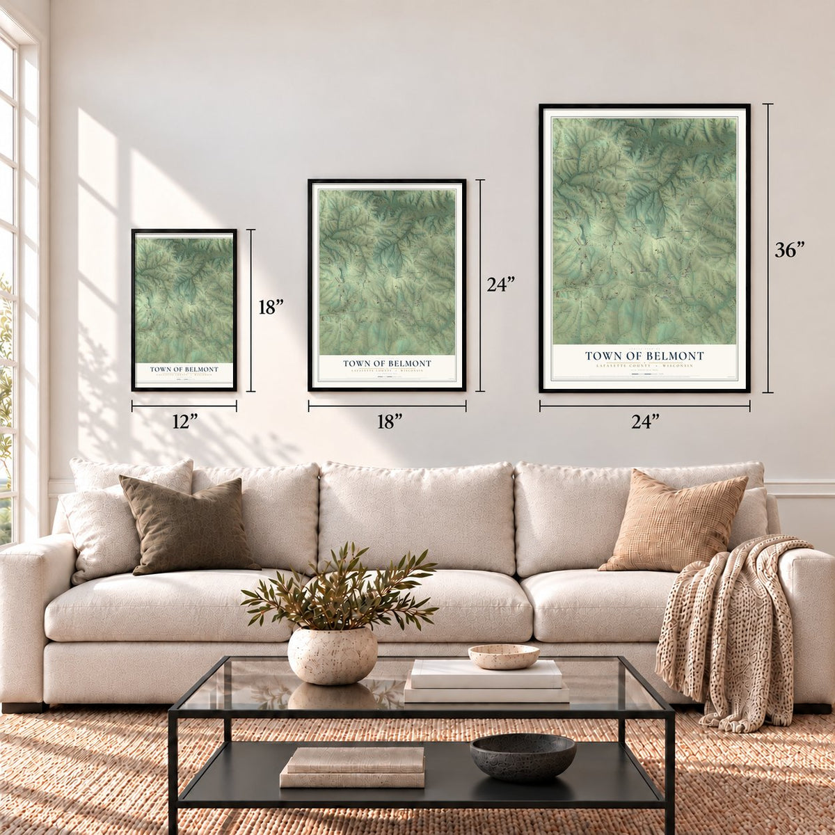Town of Belmont, Lafayette County, Wisconsin map in 12 x 18, 18 x 24 and 24 x 36 inch sizes above a sofa