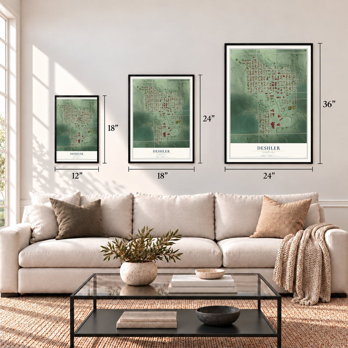 Deshler, Nebraska map in 12 x 18, 18 x 24 and 24 x 36 inch sizes above a sofa