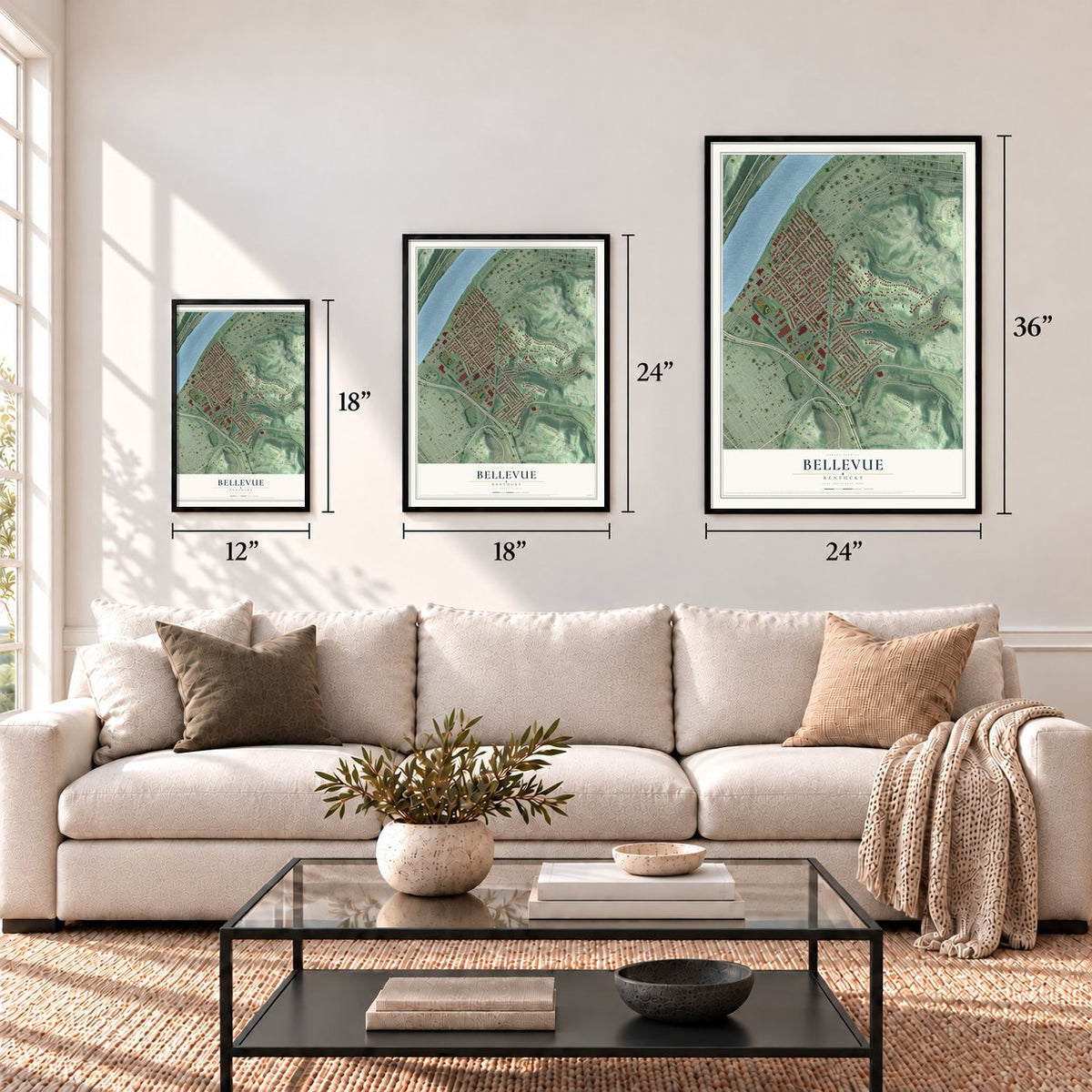 Bellevue, Kentucky map in 12 x 18, 18 x 24 and 24 x 36 inch sizes above a sofa