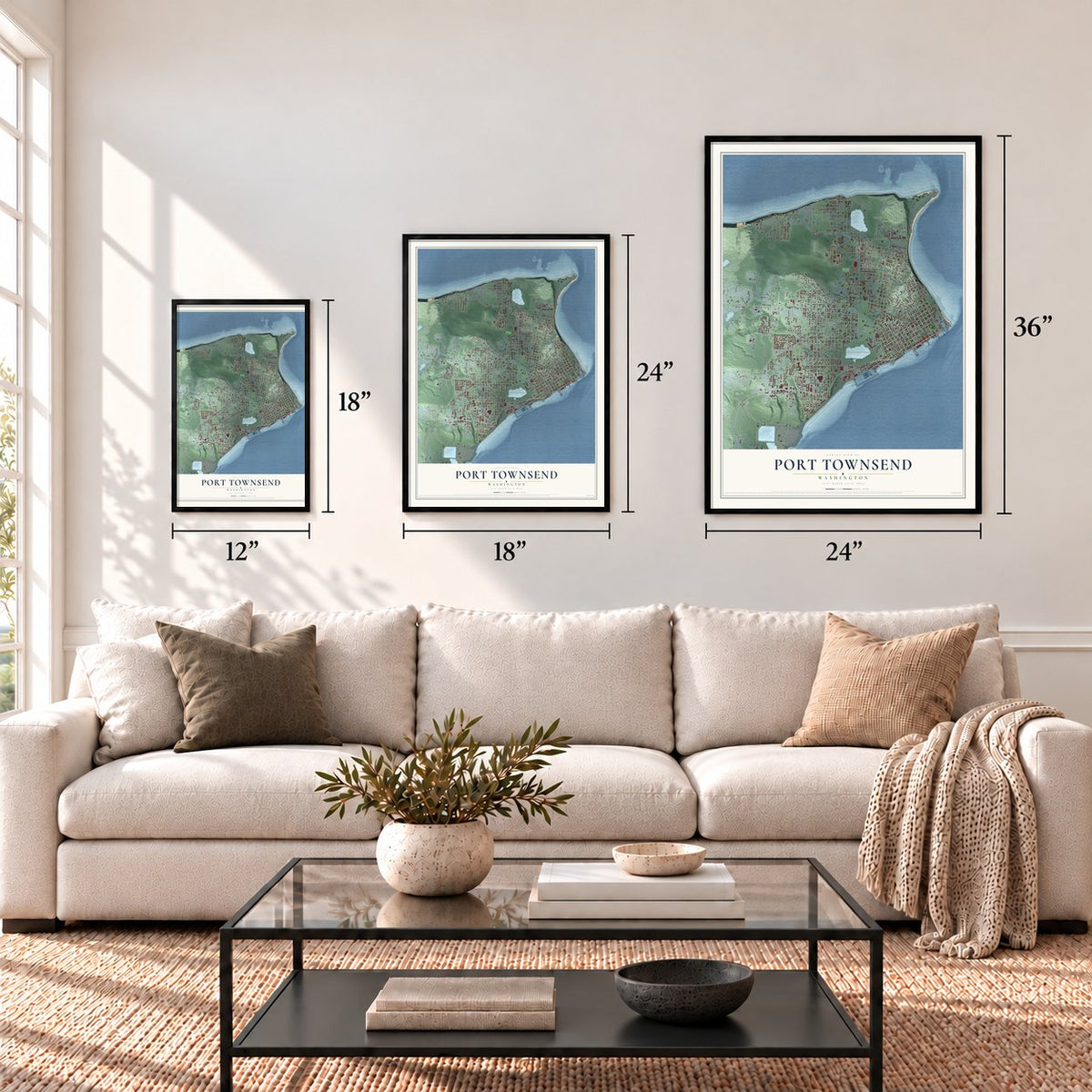 Port Townsend, Washington map in 12 x 18, 18 x 24 and 24 x 36 inch sizes above a sofa