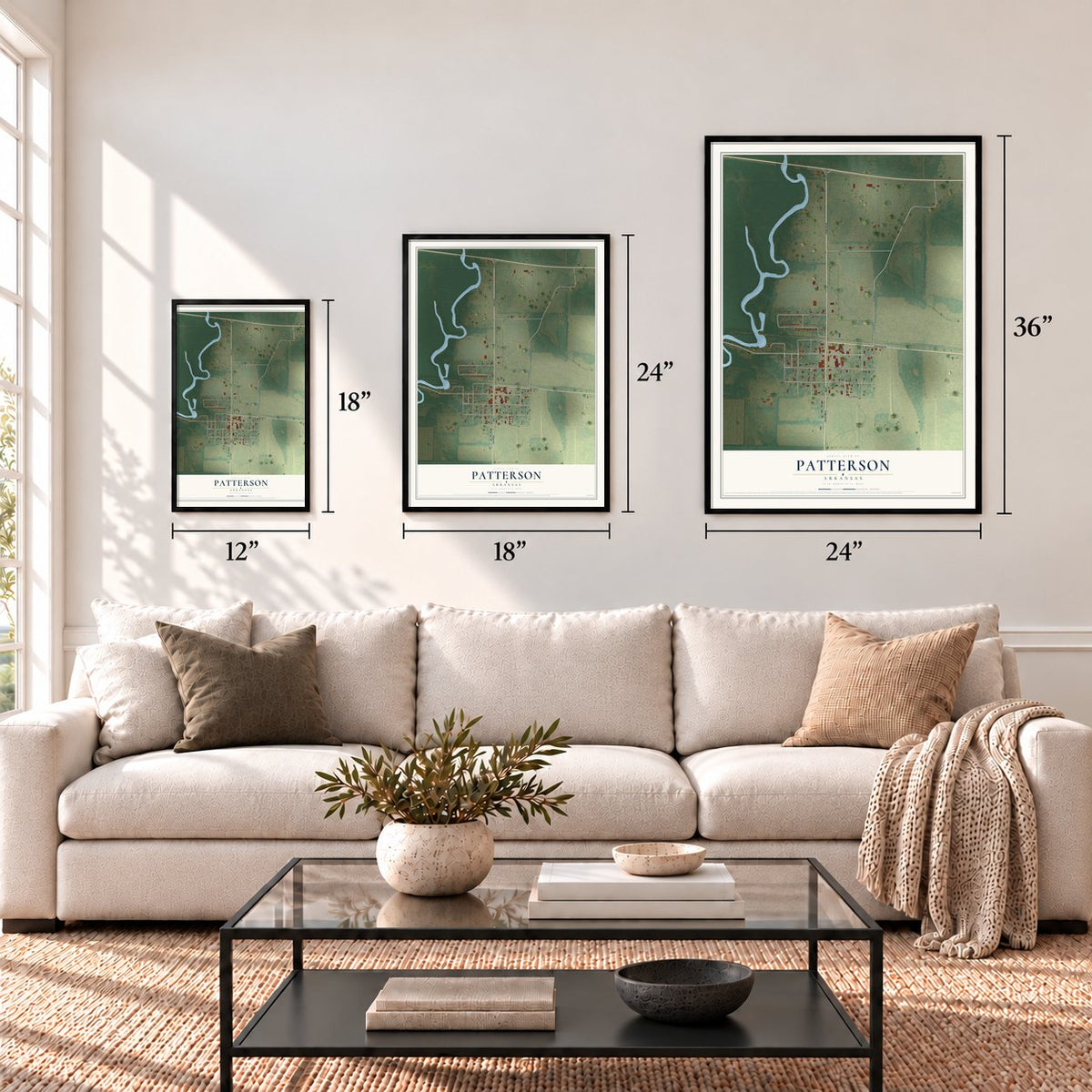 Patterson, Arkansas map in 12 x 18, 18 x 24 and 24 x 36 inch sizes above a sofa