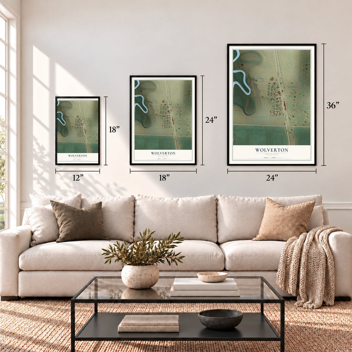 Wolverton, Minnesota map in 12 x 18, 18 x 24 and 24 x 36 inch sizes above a sofa