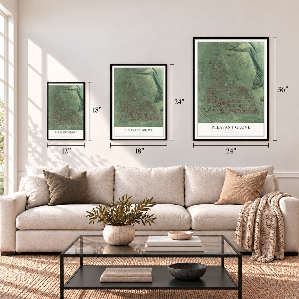 Pleasant Grove, Utah map in 12 x 18, 18 x 24 and 24 x 36 inch sizes above a sofa