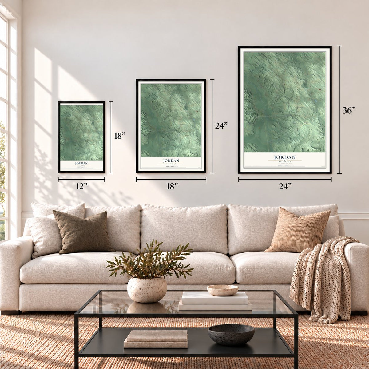 Jordan, Michigan map in 12 x 18, 18 x 24 and 24 x 36 inch sizes above a sofa