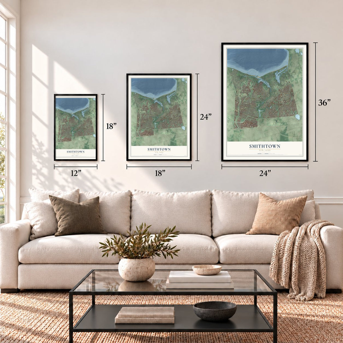 Smithtown, New York map in 12 x 18, 18 x 24 and 24 x 36 inch sizes above a sofa