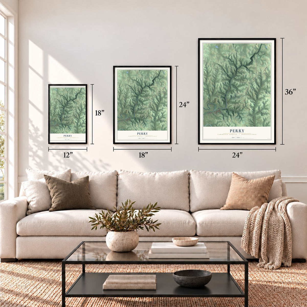 Perry, Lawrence County, Pennsylvania map in 12 x 18, 18 x 24 and 24 x 36 inch sizes above a sofa