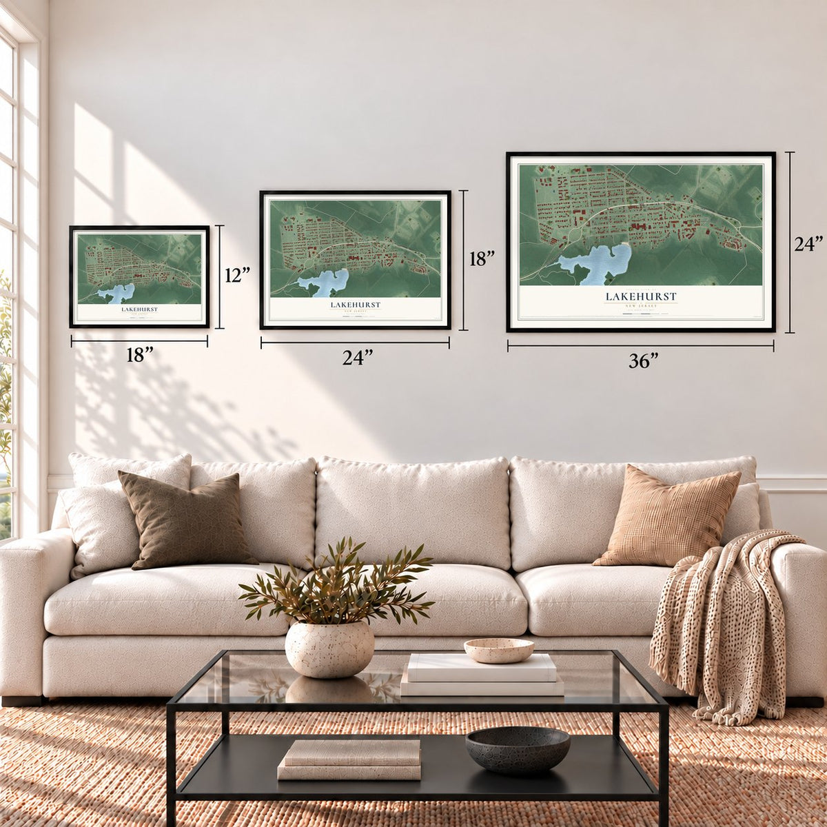 Lakehurst, New Jersey map in 12 x 18, 18 x 24 and 24 x 36 inch sizes above a sofa