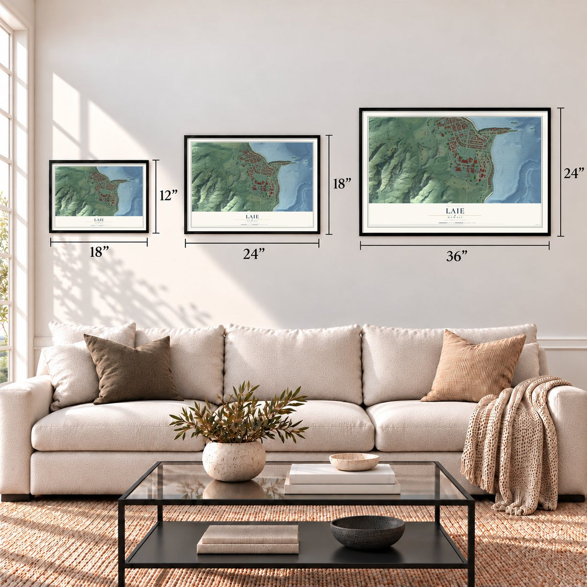 Laie, Hawaii map in 12 x 18, 18 x 24 and 24 x 36 inch sizes above a sofa