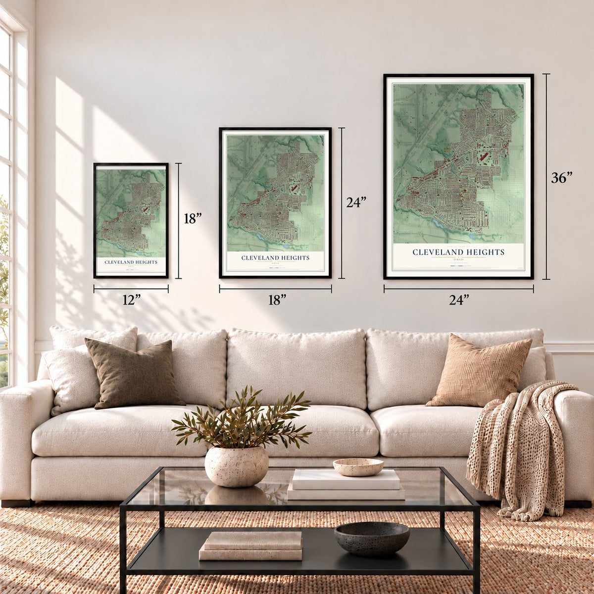 Cleveland Heights, Ohio map in 12 x 18, 18 x 24 and 24 x 36 inch sizes above a sofa