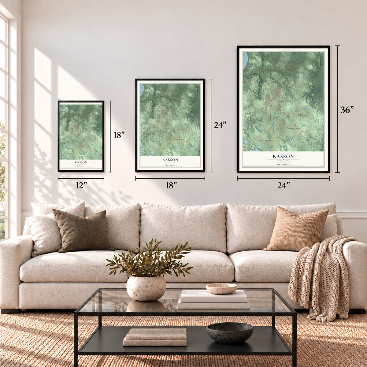 Kasson, Michigan map in 12 x 18, 18 x 24 and 24 x 36 inch sizes above a sofa