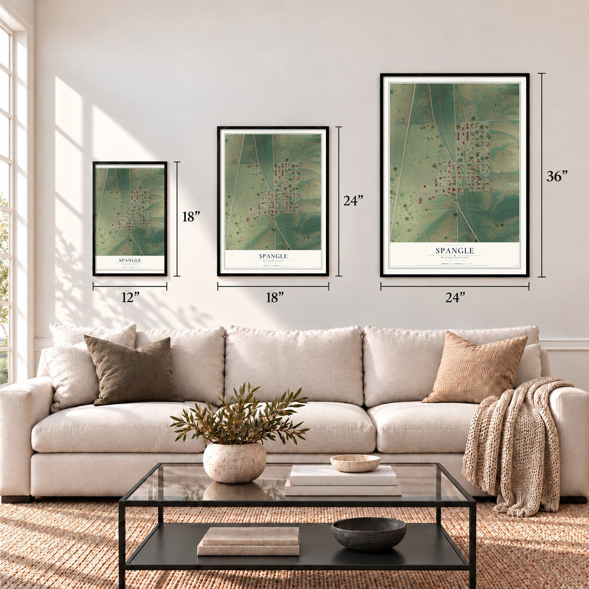 Spangle, Washington map in 12 x 18, 18 x 24 and 24 x 36 inch sizes above a sofa