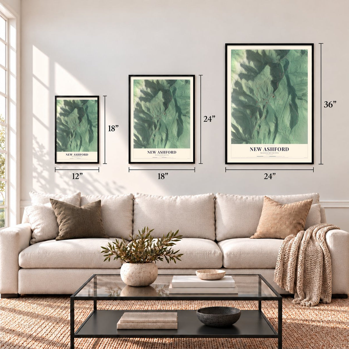 New Ashford, Massachusetts map in 12 x 18, 18 x 24 and 24 x 36 inch sizes above a sofa